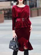Shein Red Velvet Peplum Belted Top With High Low Skirt