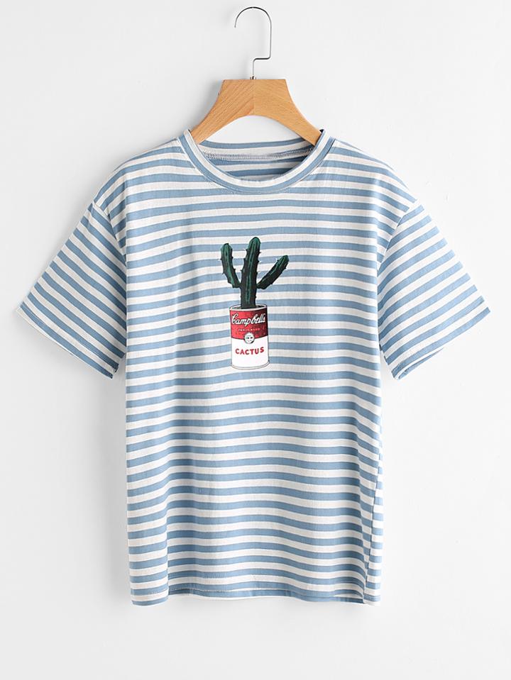 Shein Contrast Striped Cactus Print Casual T-shirt