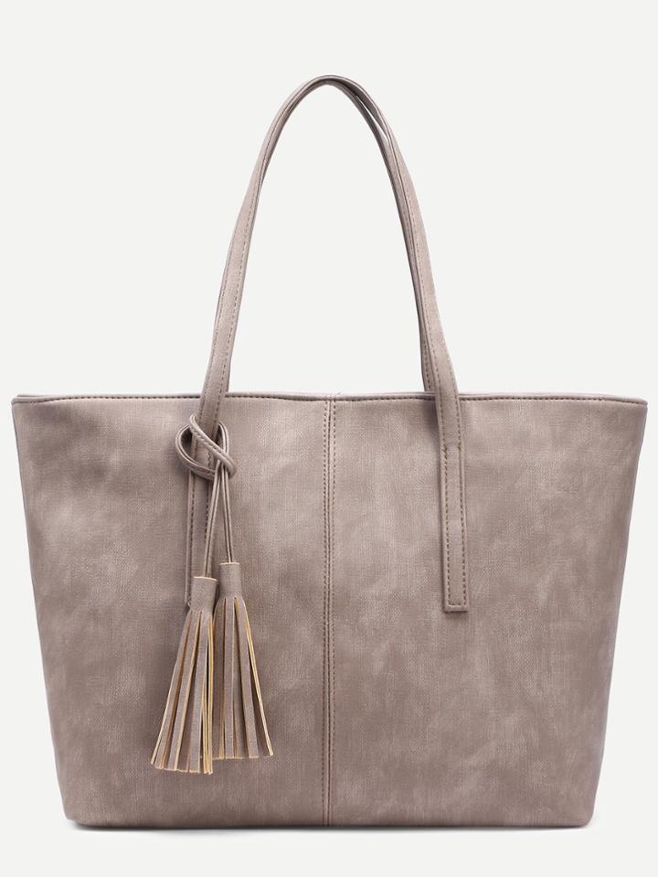 Shein Grey Distressed Tassel Trim Tote Bag
