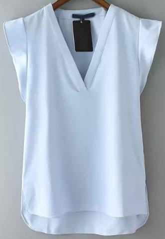 Shein Blue V Neck Short Sleeve Casual Blouse