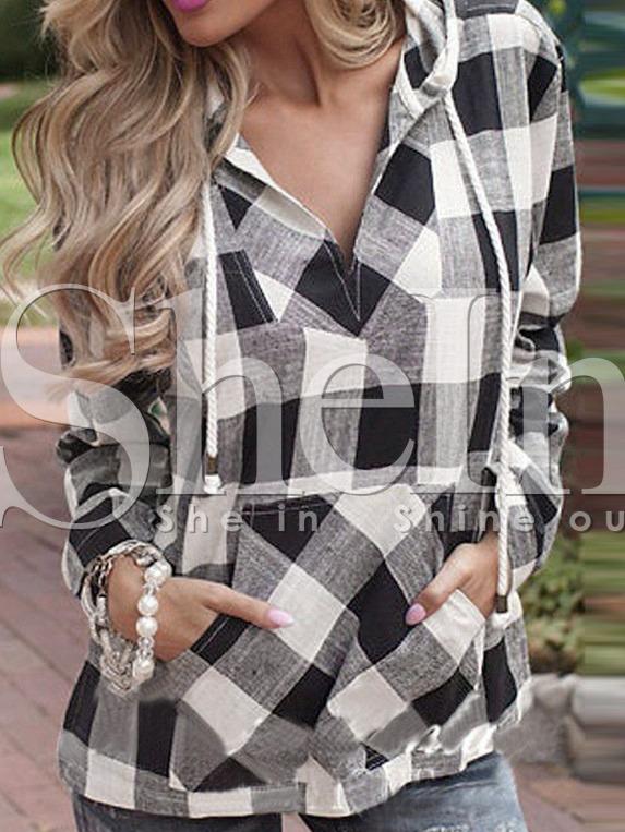 Shein Black Plaid Drawstring Hooded Blouse