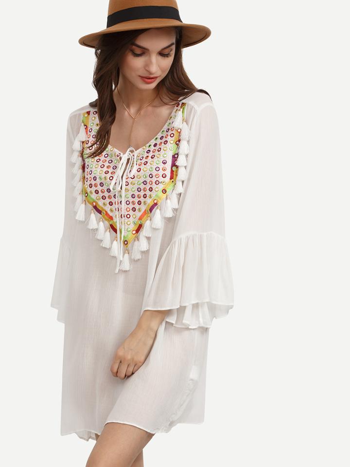 Shein White Tassel Bell Sleeve Shift Dress