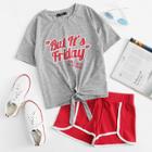 Shein Letter Print Marled Tee & Dolphin Hem Shorts Set