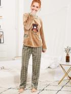 Shein Contrast Trim Embroidered Plush Pullover & Pants Pj Set
