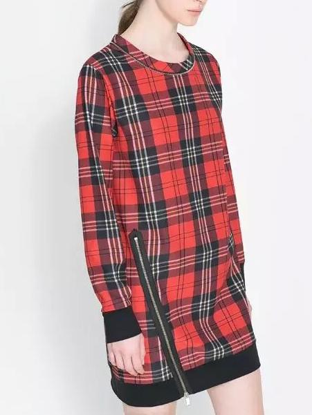 Shein Red Long Sleeve Plaid Zipper Dress