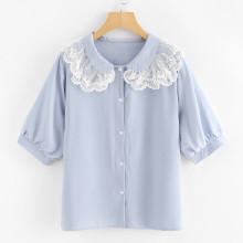 Shein Contrast Embroidered Mesh Trim Shirt