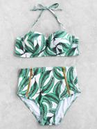 Shein Leaf Print Front Zipper High Waist Bikini Set