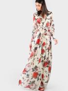 Shein Rose Print Cuffed Long Sleeve Belted Wrap Dress
