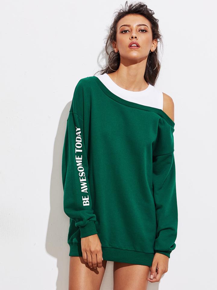 Shein Asymmetric Contrast Open Shoulder Pullover
