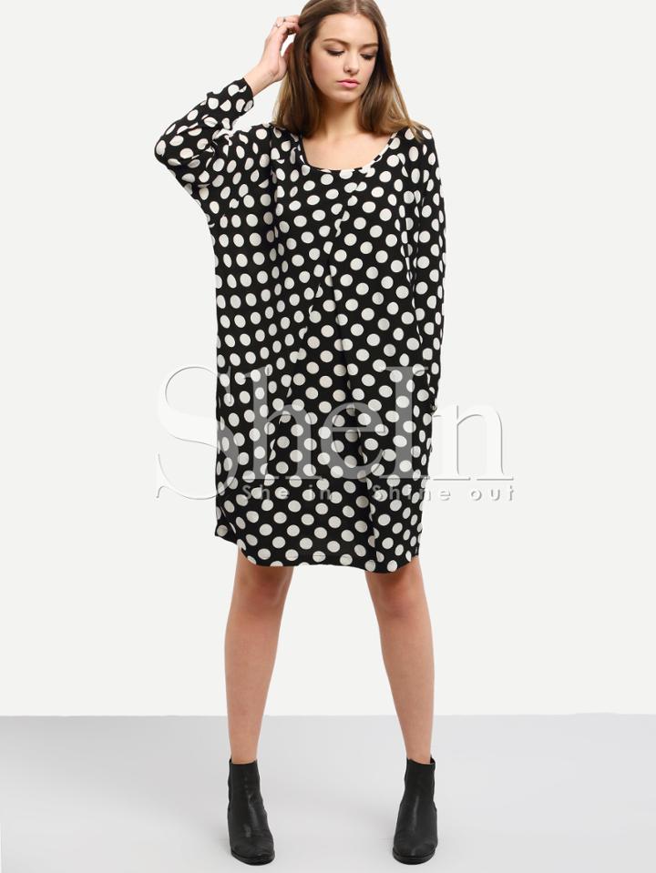 Shein Black White Polka Dot Print Pockets Dress