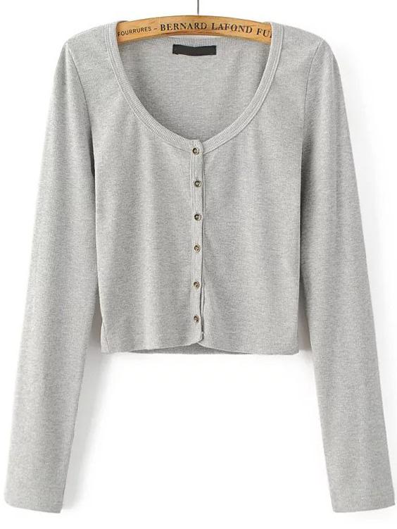 Shein Grey Round Neck Button Up Crop Cardigan