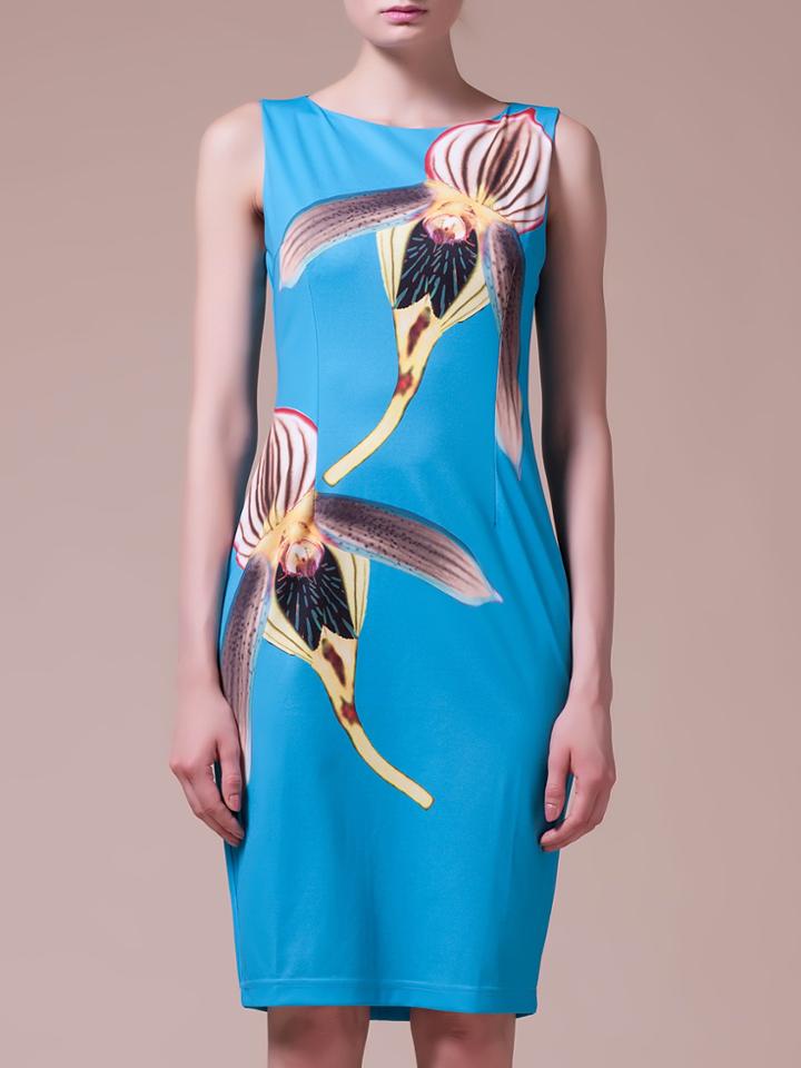 Shein Blue Sleeveless Print Knee Length Sheath Dress