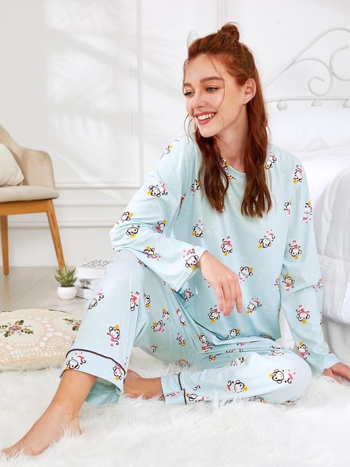 Shein Monkey Print Tee & Pants Pj Set