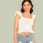 Shein Ruffle Strap Eyelet Embroidered Smocked Top