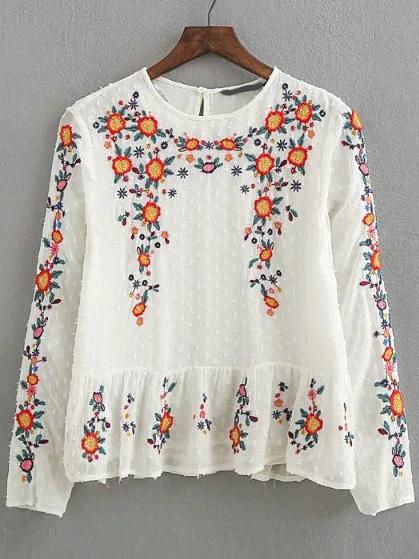 Shein Embroidery Frill Hem Keyhole Back Blouse