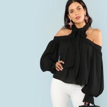 Shein Lantern Sleeve Tied Neck Blouse