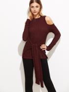 Shein Burgundy Marled Open Shoulder Tie Front Ribbed T-shirt