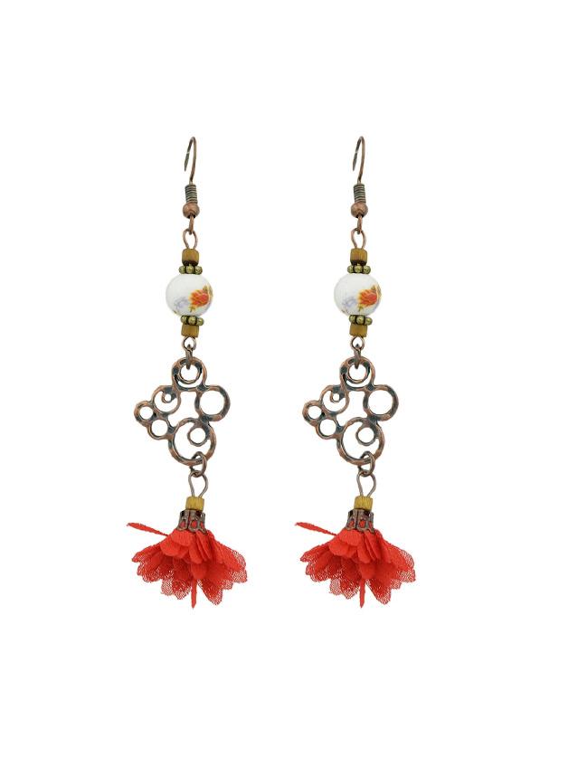 Shein Red Bohemian Style Cute Flower Tassel Long Dangle Earrings