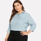 Shein Plus Solid Lace Up Button Front Denim Top