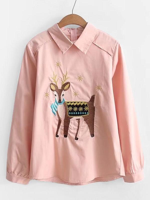 Shein Embroidered Deer Curved Hem Blouse