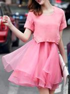 Shein Pink Contrast Organza Beading A-line Dress