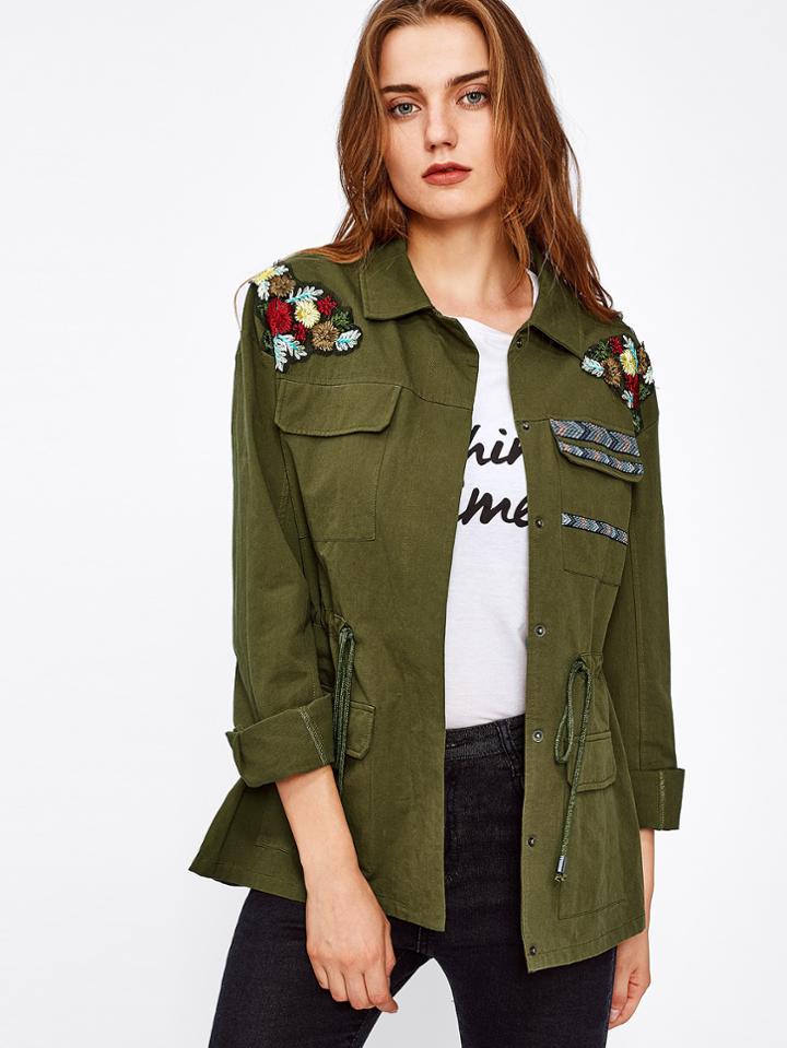 Shein Flower Embroidered Drawstring Waist Utility Jacket