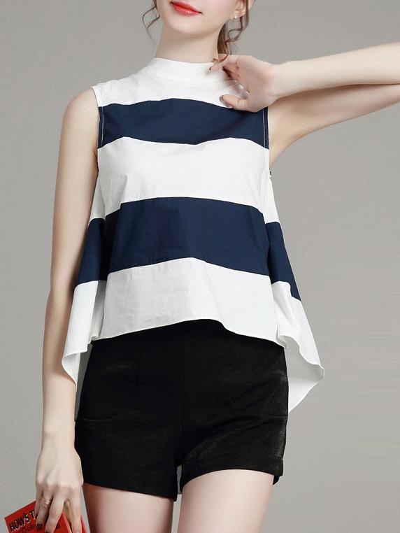 Shein White Navy Striped High Low Top With Shorts