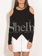 Shein Black Open Shoulder Long Sleeve Cross Ribbed T-shirt