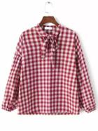 Shein Red White Tie-neck Plaid Loose Blouse