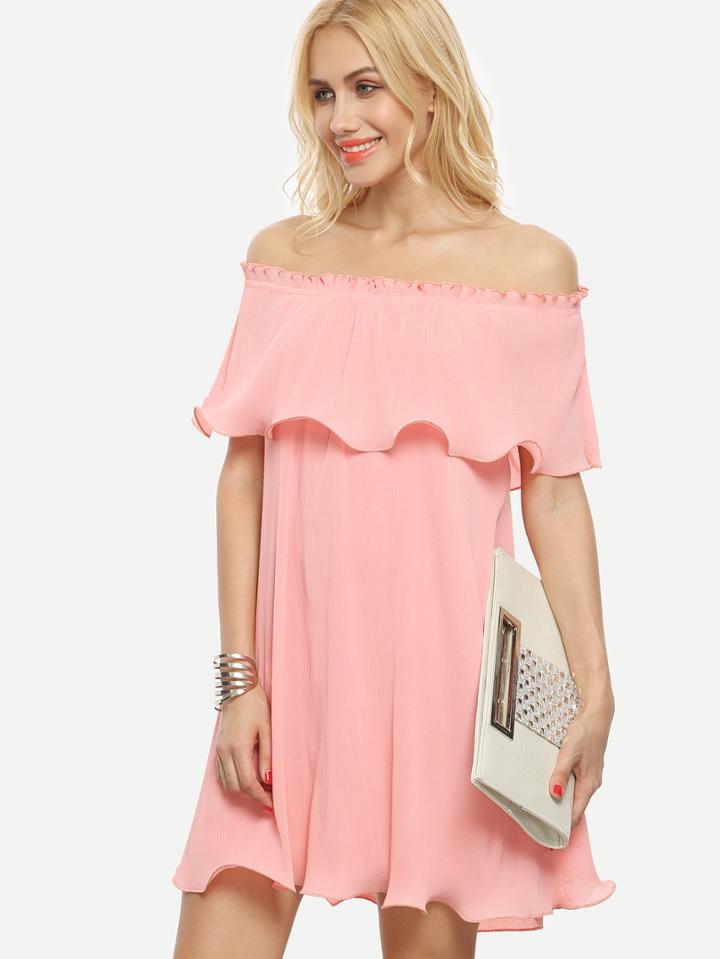 Shein Pink Ruffle Layered Cold Shoulder Shift Dress
