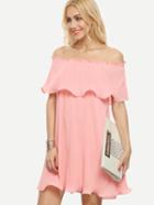 Shein Pink Ruffle Layered Cold Shoulder Shift Dress