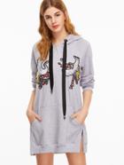 Shein Grey Cranes Embroidery Split Side Drawstring Hooded Sweatshirt