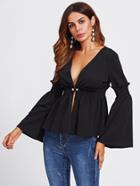 Shein Pearl Pin Detail Bell Sleeve Shirred Peplum Coat