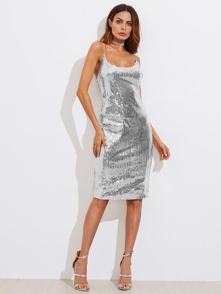 Shein Metallic Sequin Slit Back Cami Dress