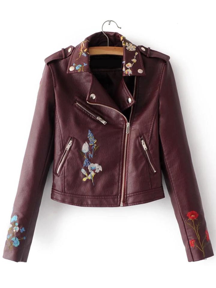 Shein Burgundy Embroidery Oblique Zipper Pu Jacket