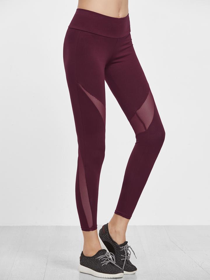 Shein Burgundy Wide Waistband Mesh Insert Leggings