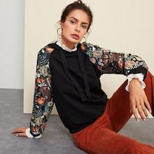 Shein Raglan Sleeve Floral Drawstring Sweatshirts