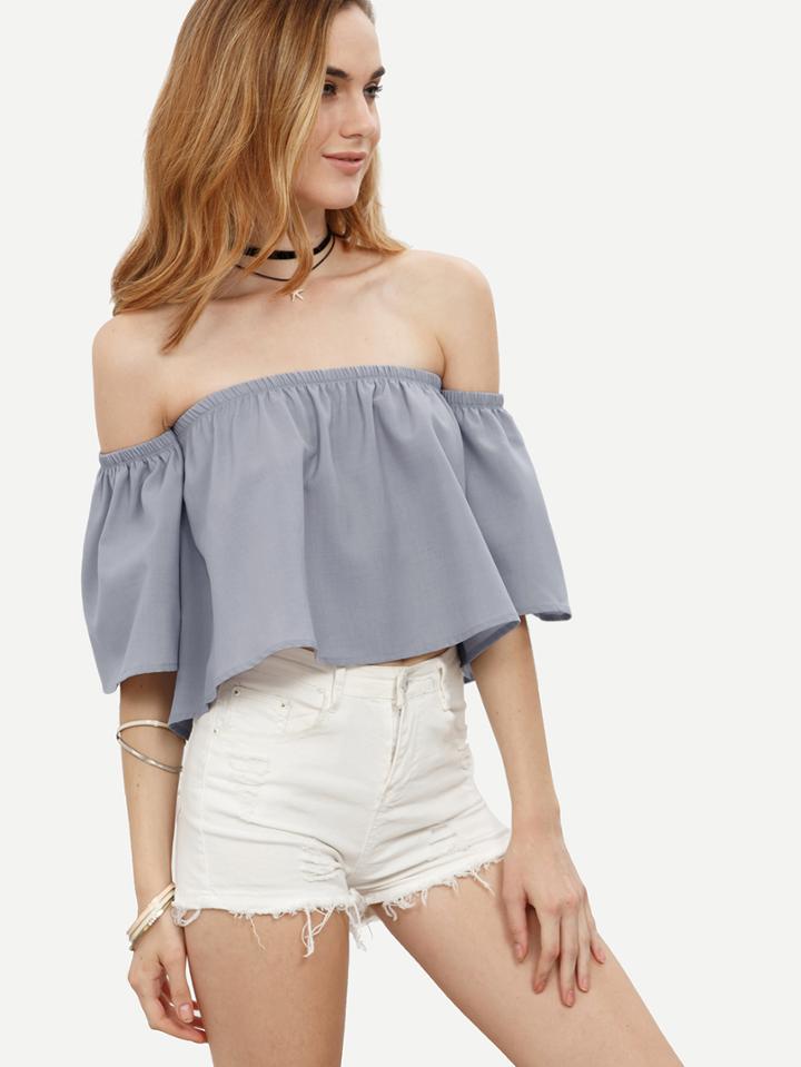 Shein Grey Ruffle Off The Shoulder Crop Blouse
