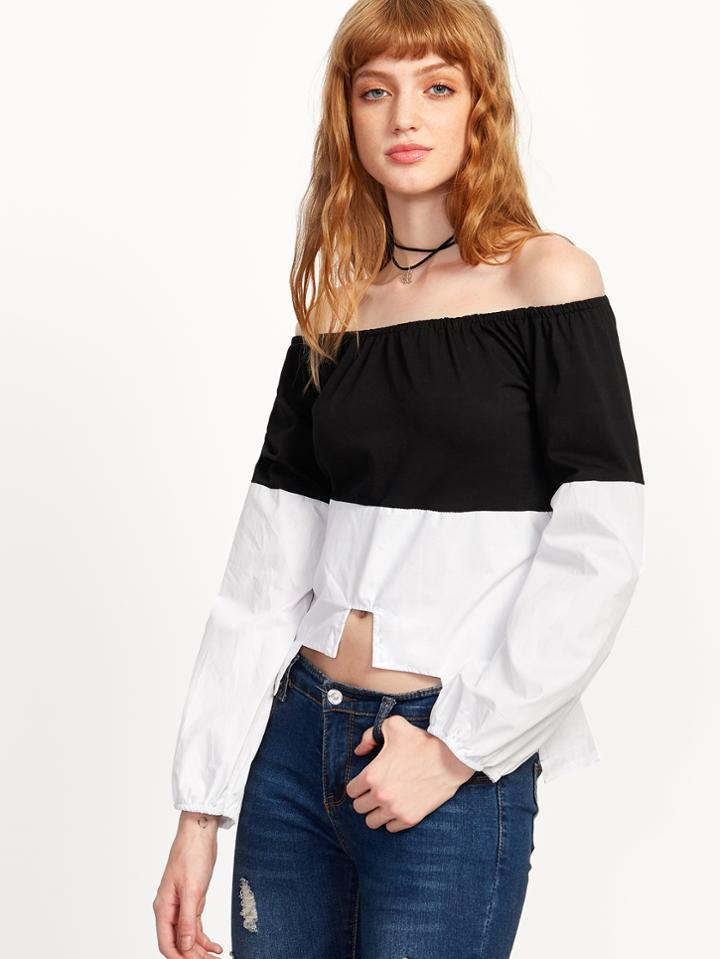 Shein Color Block Off The Shoulder Tie Back Asymmetric Top
