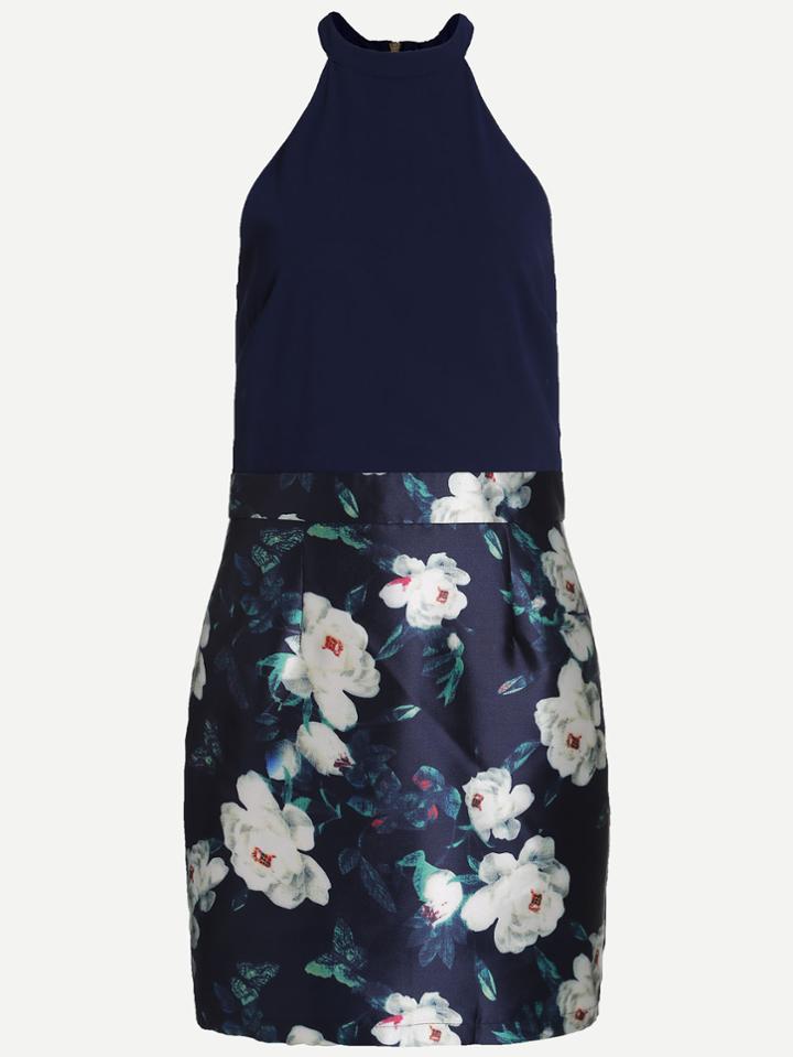 Shein Navy Halter Floral Print Dress