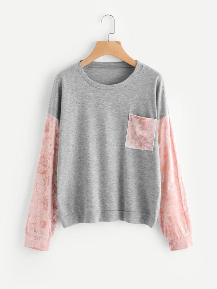 Shein Contrast Crushed Velvet Sleeve Marled Pullover