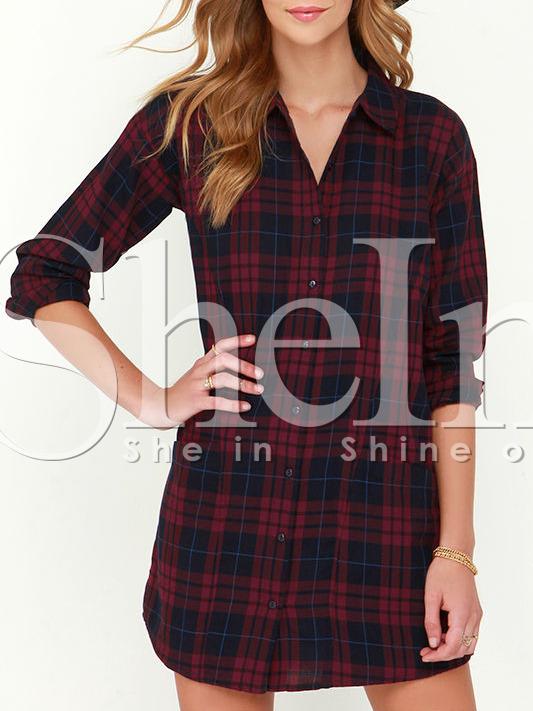 Shein Red Long Sleeve Lapel Grid Plaid Blouses Dress