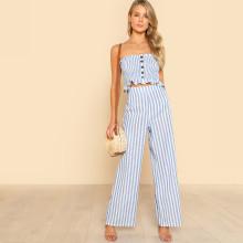 Shein Shirred Ruffle Hem Strapless Top & Pants Set