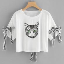 Shein Cat Print Knot Sleeve Crop Tee