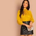 Shein Tie Neck Frill Trim Pleated Bodysuit
