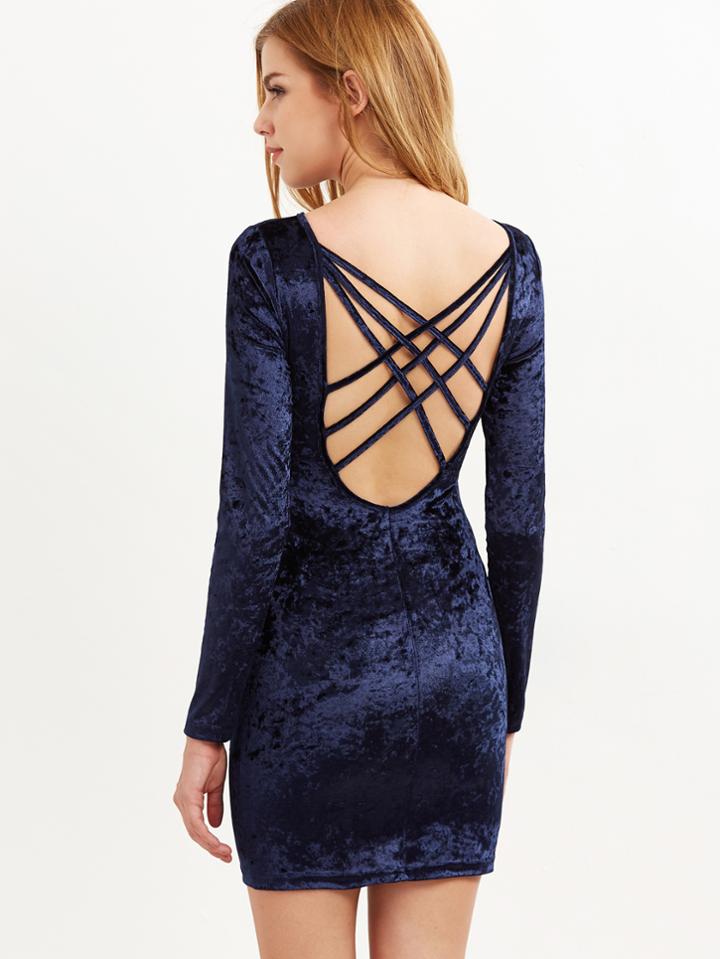 Shein Navy Cutout Caged Back Velvet Bodycon Dress