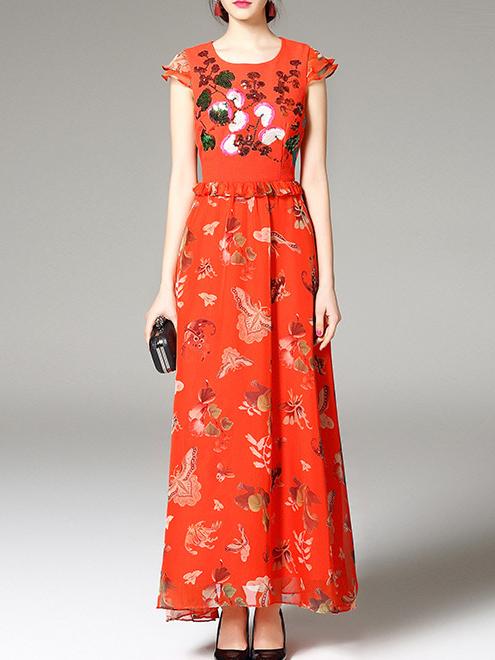 Shein Red Embroidered Sequined Peplum Maxi Dress