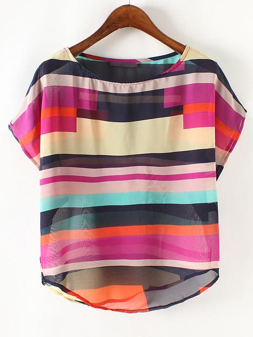 Shein Multicolor Sheer Round Neck Chiffon Blouse