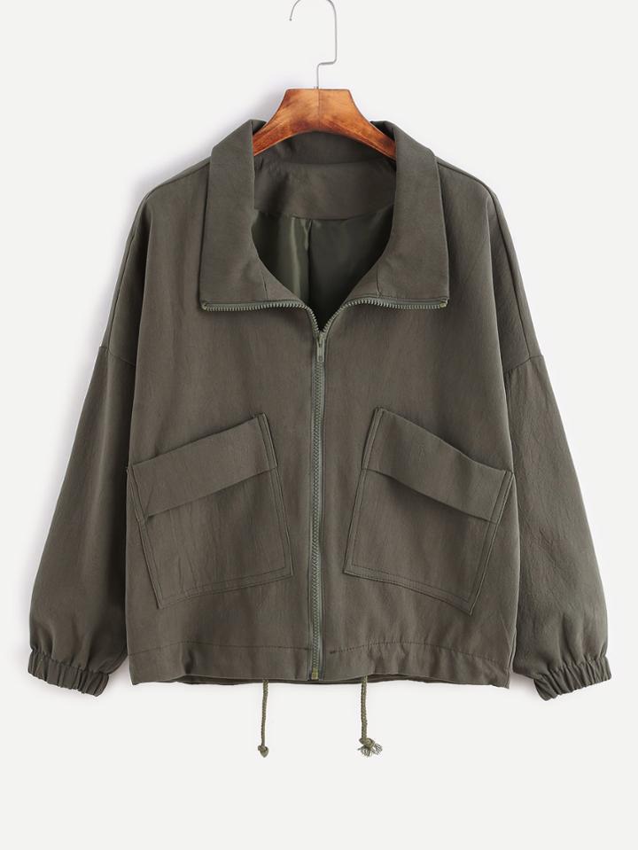 Shein Army Green Drop Shoulder Drawstring Hem Jacket