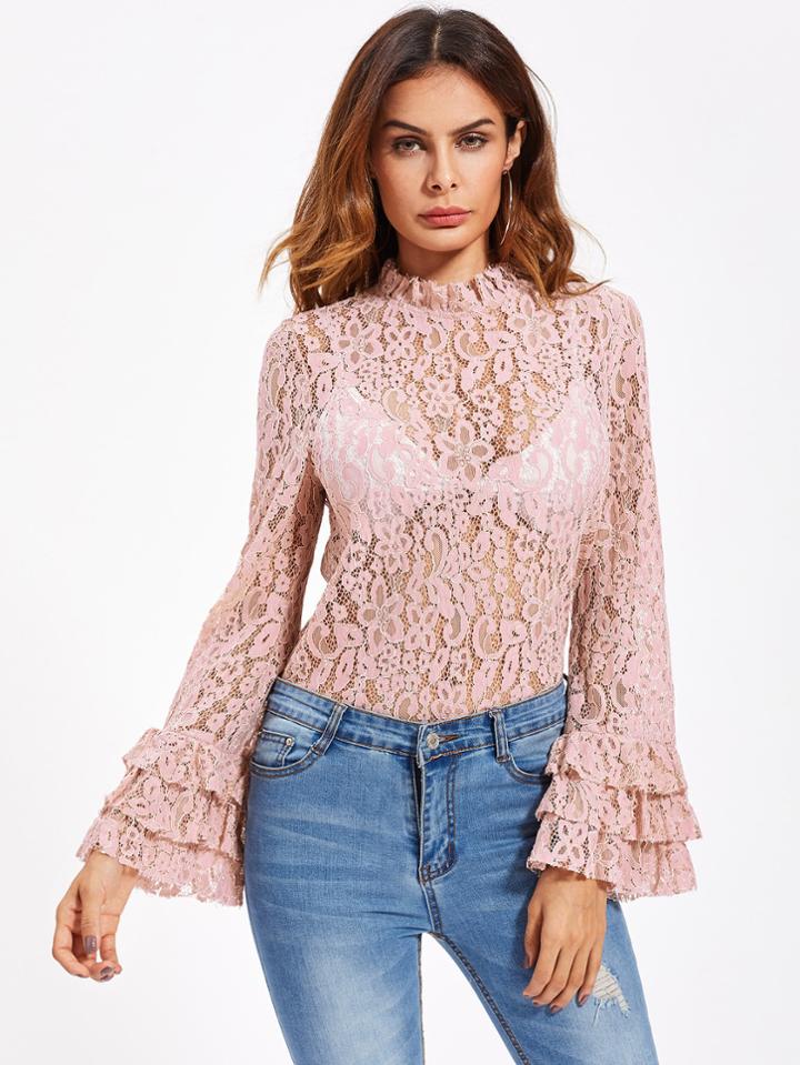 Shein Layered Fluted Sleeve Floral Lace Top